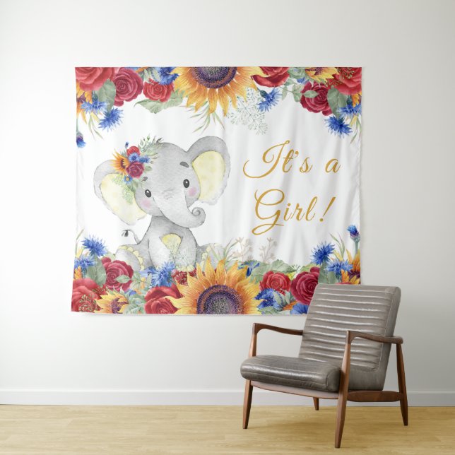 Girl Sunflower Elephant Baby Shower Backdrop Tapestry (In Situ (Horizontal))