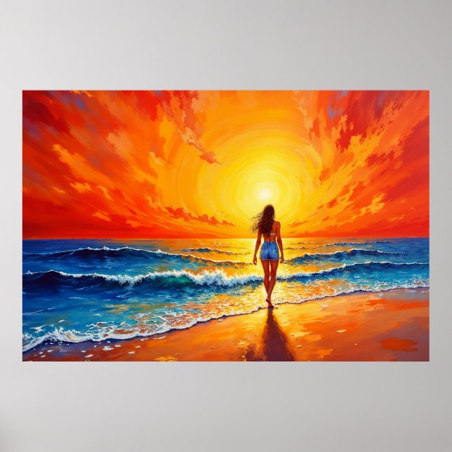 Girl sunset beach walk ocean waves decor (Front)