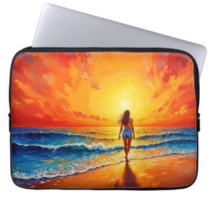 Girl sunset beach walk ocean waves decor laptop sleeve
