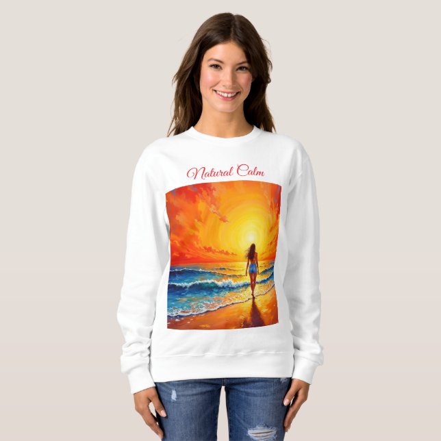 Girl sunset beach walk ocean waves decor sweatshirt (Front Full)