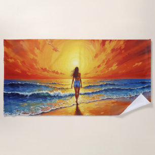 Girl sunset beach walk ocean waves decor towel