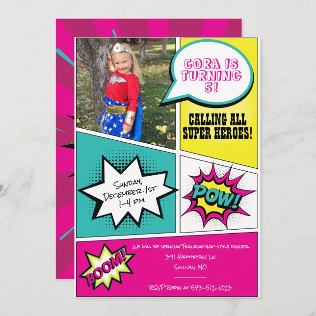 Girl Super Hero Birthday Party Invitation (Front/Back)