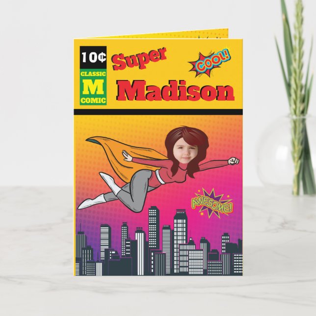 Girl Superhero Birthday 💥 Flying Photo Comic Invitation (Front)