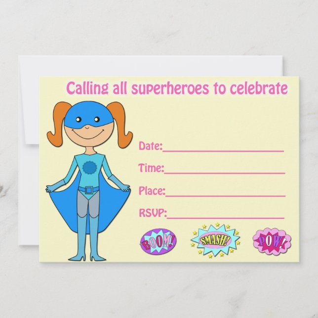 Girl superhero birthday invitation fill in blank (Front)