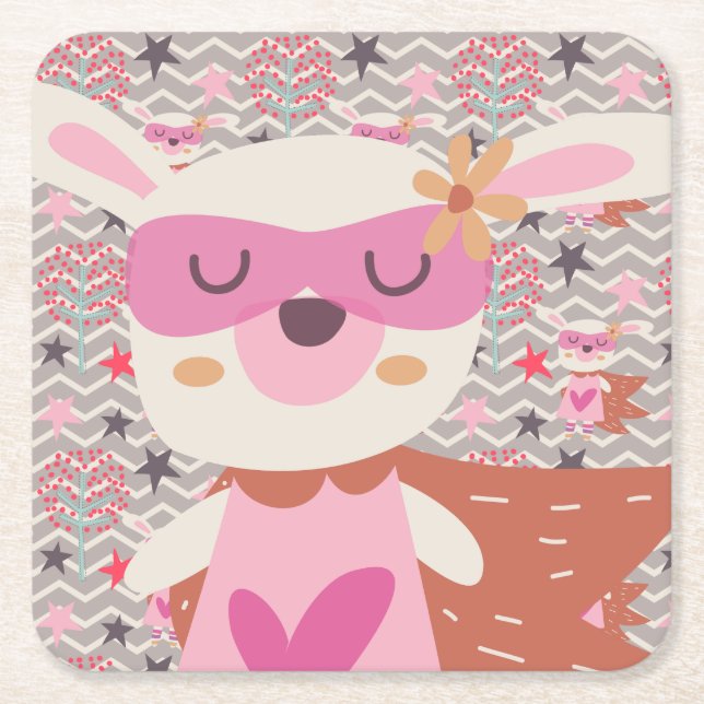 Girl Superhero Bunny Square Paper Coaster (Front)