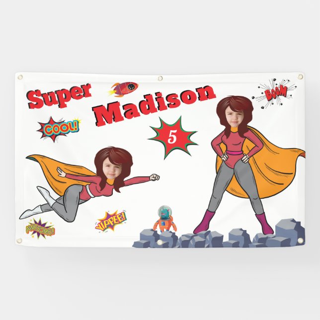 Girl Superhero Flying 💥 Birthday Photo Banner (Horizontal)