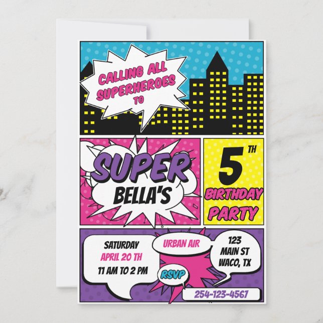GIRL SUPERHEROES BIRTHDAY PARTY INVITATION (Front)
