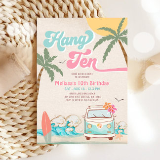 Girl Surf Pink Mint 10th Surfing Beach Birthday Invitation