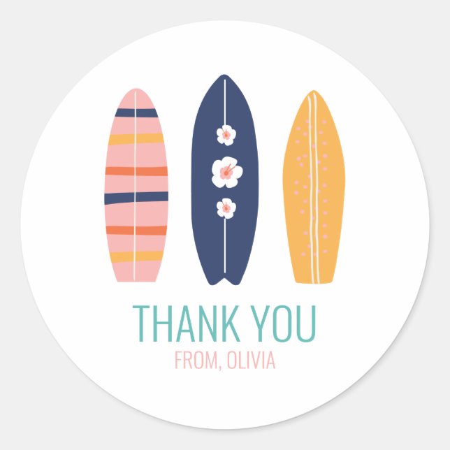 Girl Surfboard Beach birthday Thank You Favour Classic Round Sticker (Front)