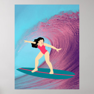 Girl surfing at sunset. poster