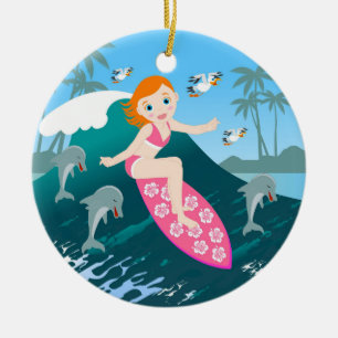 Girl Surfing Big Wave with Dolphins Ceramic Tree Decoration
