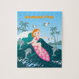 Girl Surfing Big Wave with Dolphins Jigsaw Puzzle