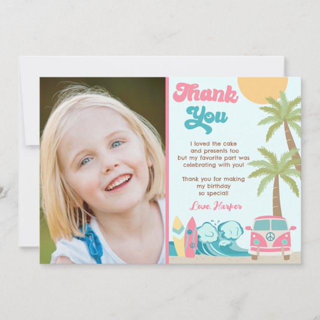 Girl Surf's Up Beach Wave Birthday Thank You Cards (Front)