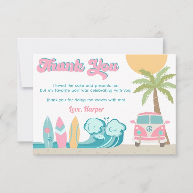 Girl Surf's up Surf Beach Birthday Thank You Cards (Front)