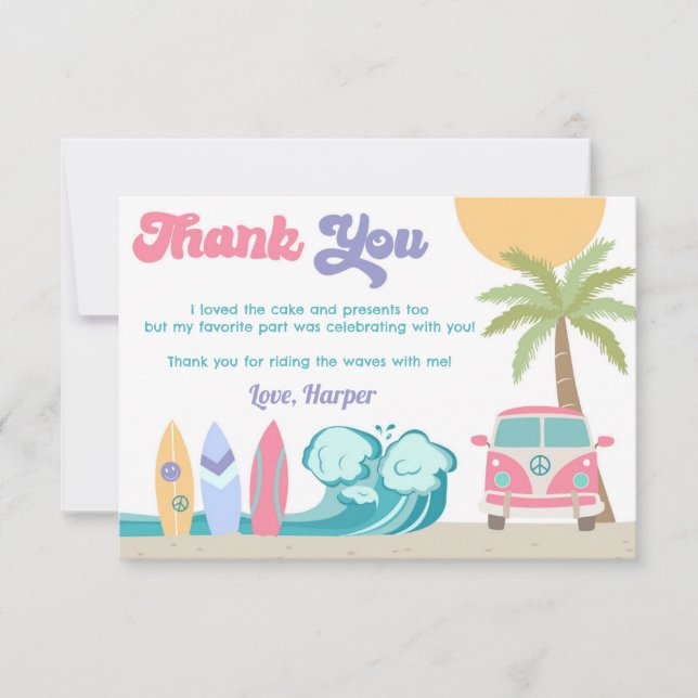 Girl Surf's up Surf Beach Birthday Thank You Cards (Front)