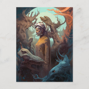 Girl Surrounded By Alien Monsters Surreal Art Postcard