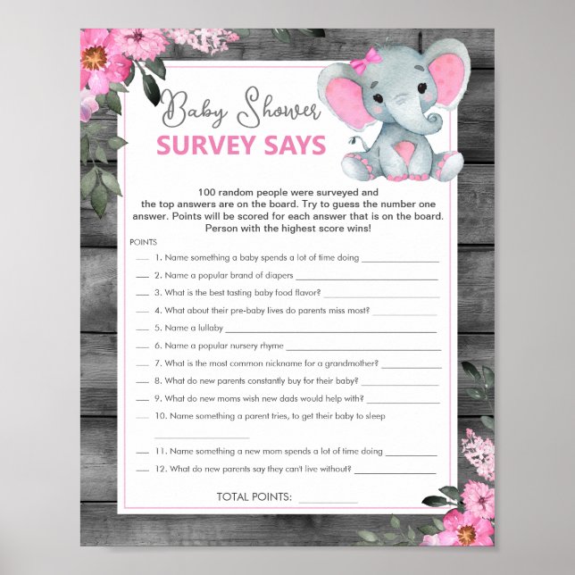 Girl Survey Says Baby Shower Game Pink Elephant Poster (Front)