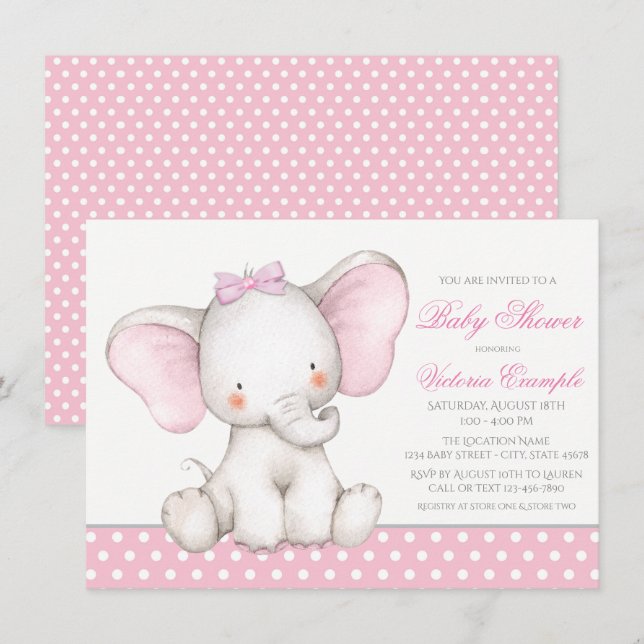 Girl Sweet Elephant Baby Shower Invitations (Front/Back)