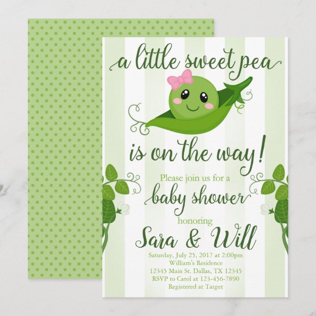 Girl Sweet Pea Pod Baby Shower Invitation Invite (Front/Back)