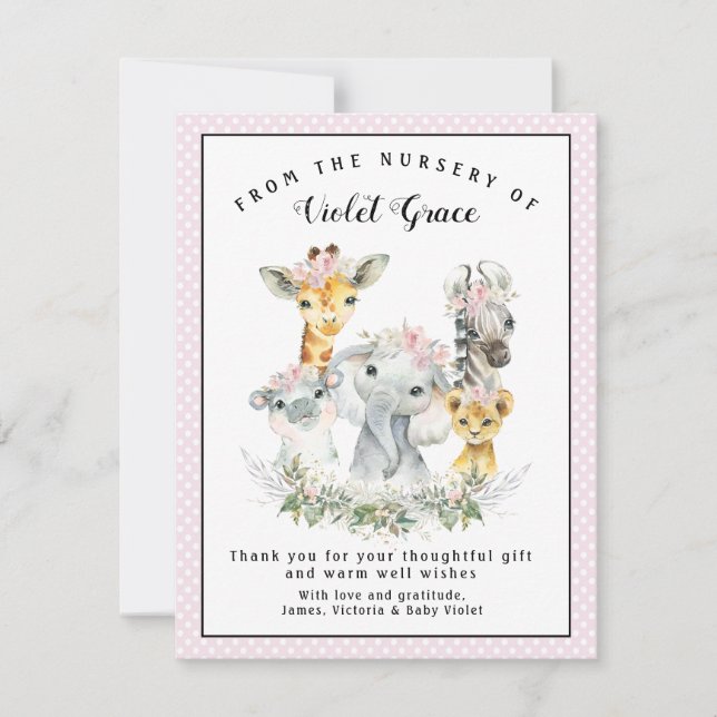 Girl Sweet Safari Baby Shower Thank You Cards (Front)