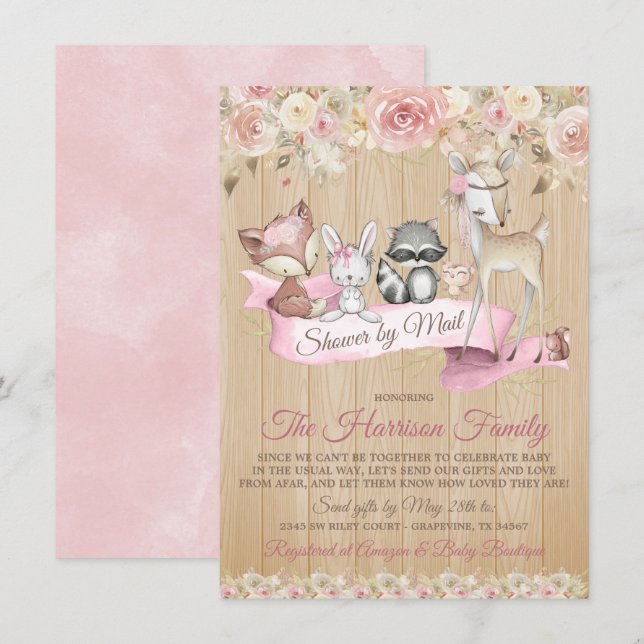 Girl Sweet Woodland Virtual Baby Shower By Mail Invitation (Front/Back)
