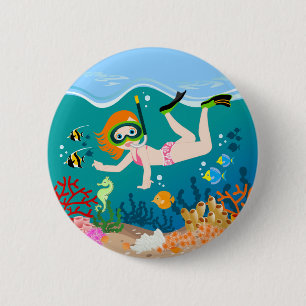 Girl swimmer has a birthday party 6 cm round badge