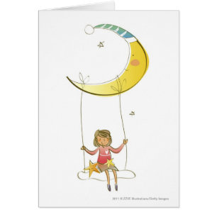 Girl swinging on a rope hanging from crescent moon