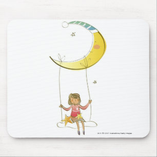 Girl swinging on a rope hanging from crescent moon mouse mat