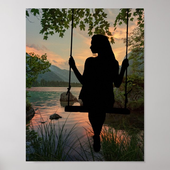 Girl Swinging Silhouette Lake Summer Sunset Poster (Front)