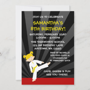 Girl Taekwondo Karate Yellow Belt Blonde Birthday Invitation
