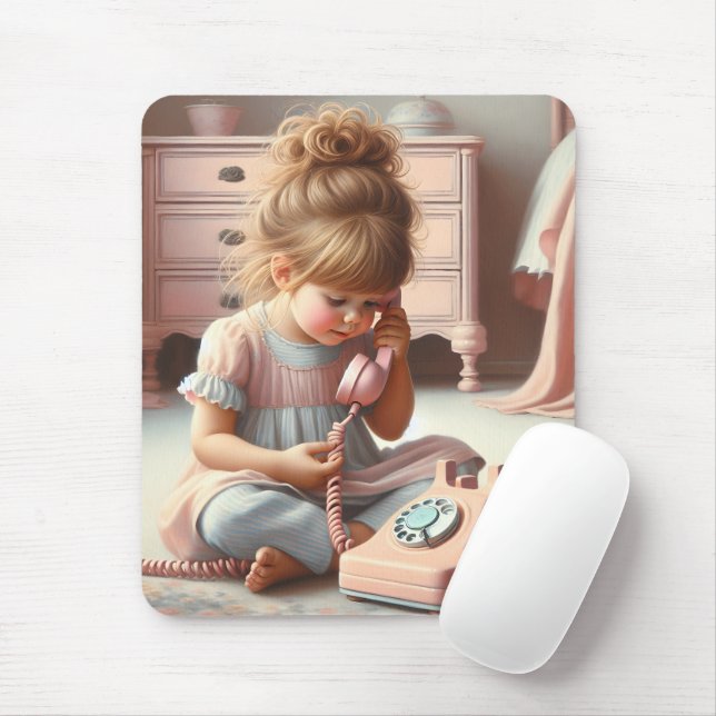 Girl Talking On Retro Pink Telephone Mouse Mat (With Mouse)