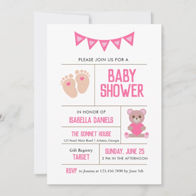 Girl Teddy and Baby Feet Pink Baby Shower Invitation (Front)