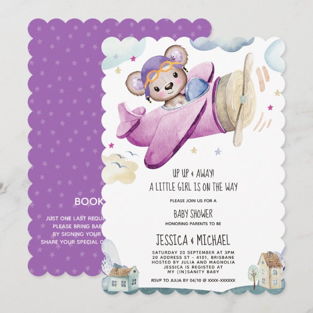 Girl Teddy Bear Aeroplane Baby Shower Invitation (Front/Back)