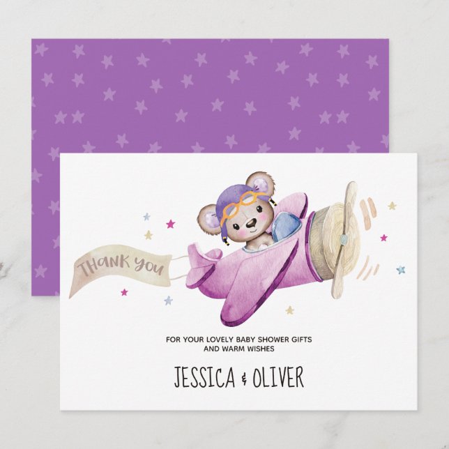 Girl Teddy Bear Aeroplane Thank You Card (Front/Back)