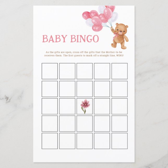 Girl Teddy Bear Baby Bingo Game Card (Front)