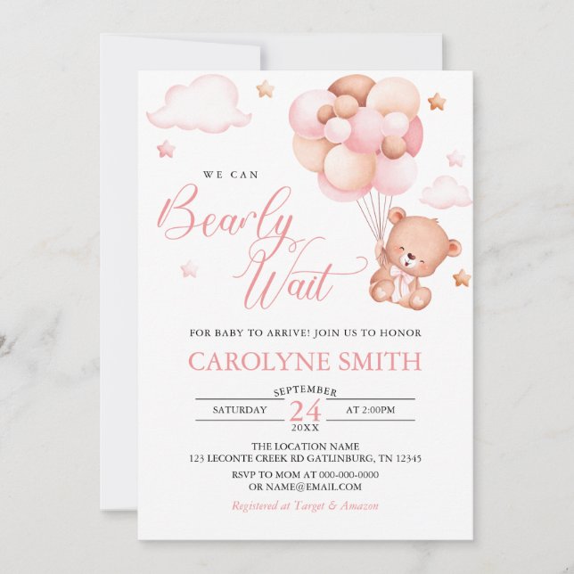 Girl Teddy Bear Balloon Bearly Wait Baby Shower Invitation (Front)