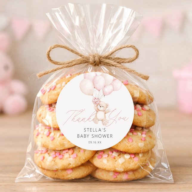 Girl Teddy Bear Balloons Baby Shower Classic Round Sticker (Girl Teddy Bear Balloons Baby Shower Classic Round Sticker)