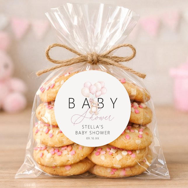 Girl Teddy Bear Balloons Baby Shower Classic Round Sticker (Girl Teddy Bear Balloons Baby Shower Classic Round Sticker)
