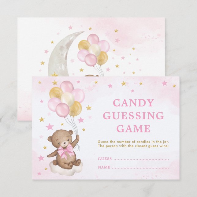 Girl Teddy Bear Balloons Candy Guessing Game Card  (Front/Back)