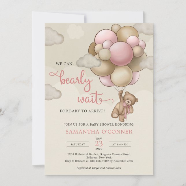 Girl Teddy bear blush pink brown beige balloons  Invitation (Front)