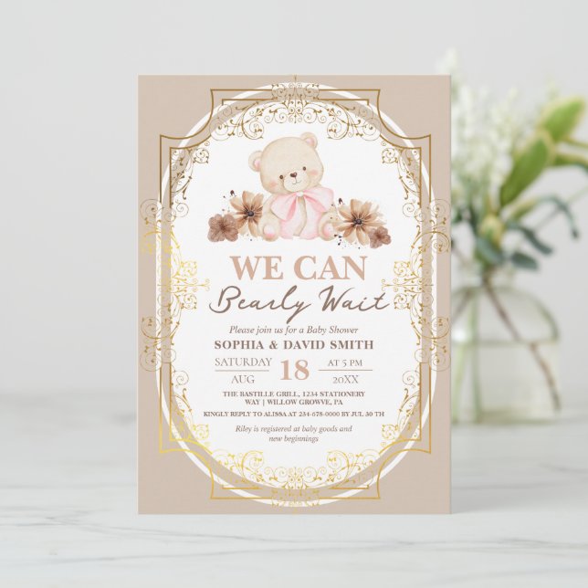 Girl Teddy Bear Bohemian Baby Shower  Invitation (Standing Front)