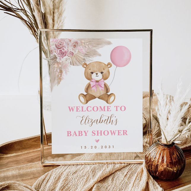 Girl Teddy Bear Boho Pink Floral Pampas Welcome Poster (Creator Uploaded)