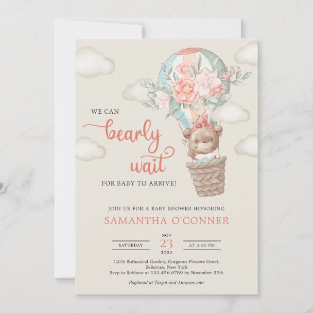Girl teddy bear hot air balloon floral wreath invitation (Front)