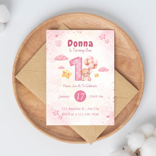 Girl Teddy Bear Pink 1st Birthday Invitation