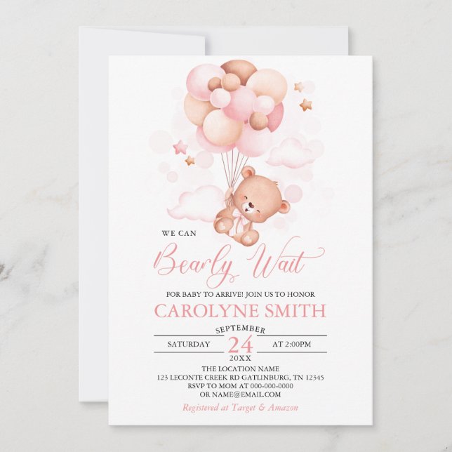 Girl Teddy Bear Pink Balloon Baby Shower Invitation (Front)