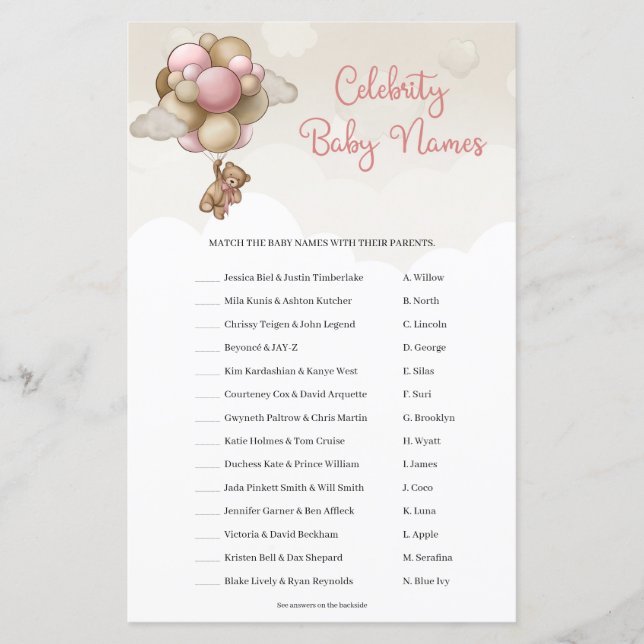 Girl teddy bear pink balloons Celebrity Baby Names (Front)