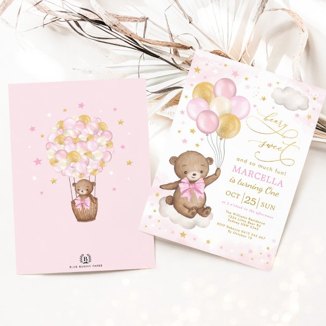 Girl Teddy Bear Pink Gold Balloons 1st Birthday Invitation (Creator Uploaded)