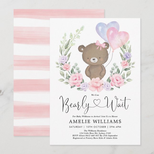 Girl Teddy Bear Pink Purple Floral Baby Shower Inv Invitation (Front/Back)