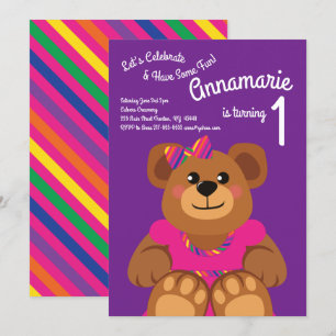 Girl Teddy Bear Rainbow 1st Birthday Cute Invitation