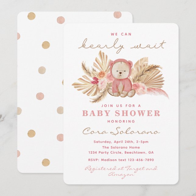 Girl Teddy Bear Shower Invitation | Boho Teddy (Front/Back)